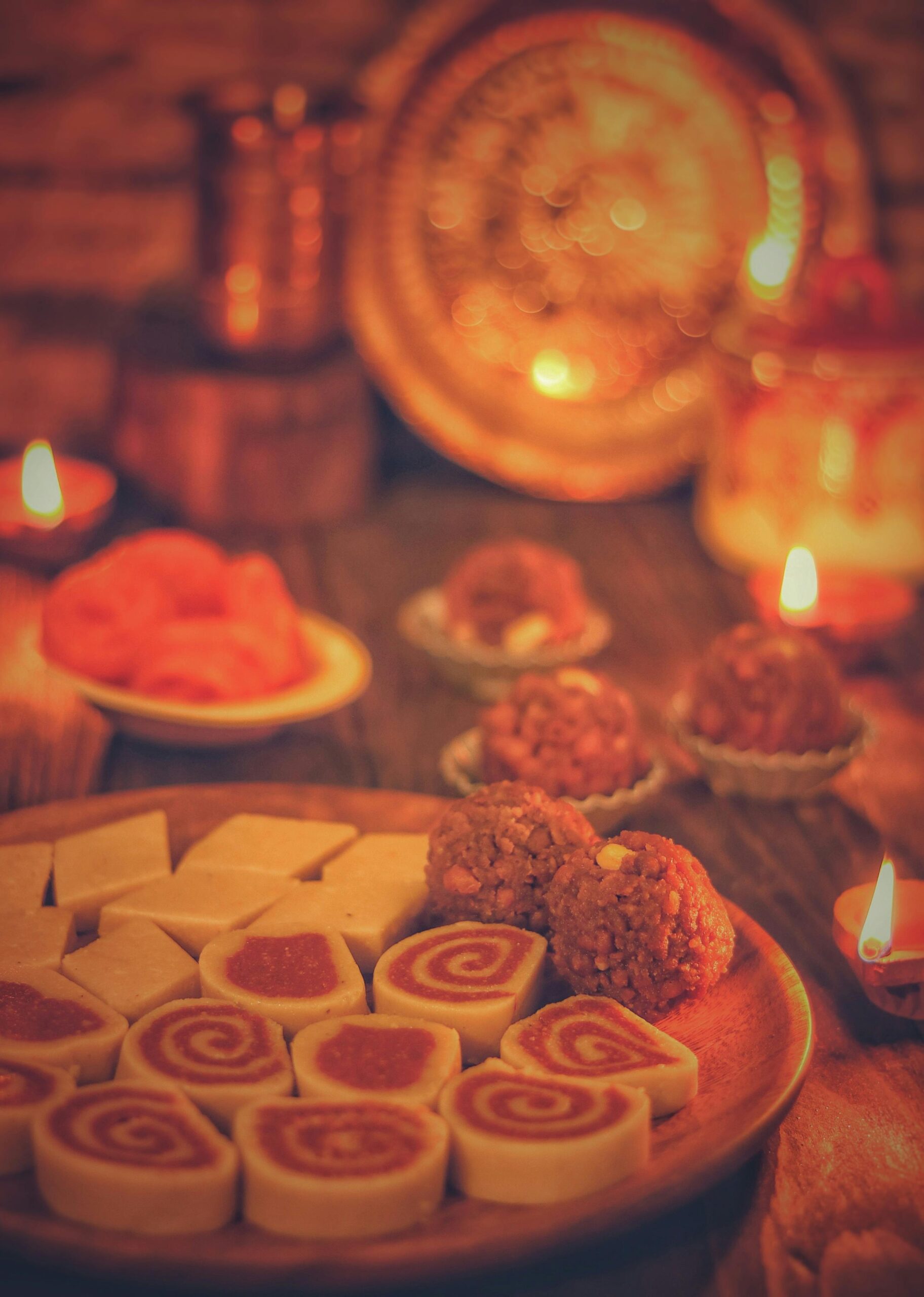 A warm display of Indian sweets and diyas celebrating a festive occasion indoors.